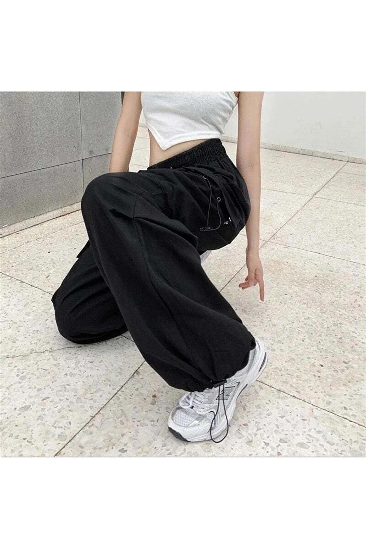 Siyah Renkli Tactical Kargo Cepli Lastikli Bol Kalıp Baggy Oversize Pantolon 