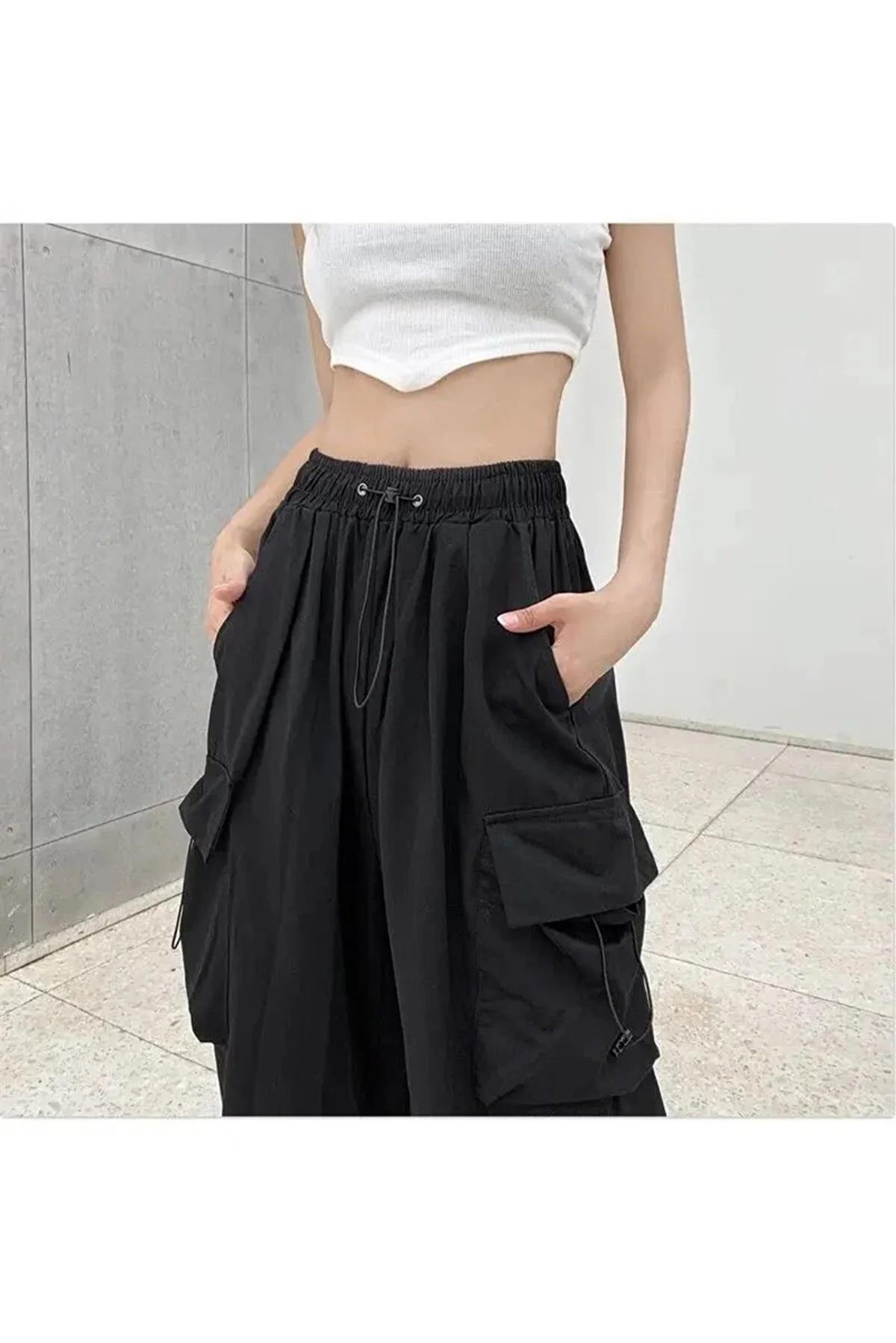 Siyah Renkli Tactical Kargo Cepli Lastikli Bol Kalıp Baggy Oversize Pantolon 