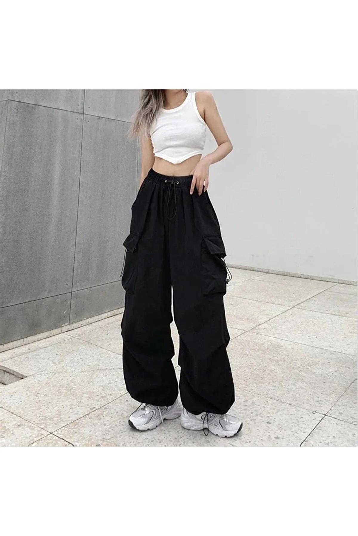 Siyah Renkli Tactical Kargo Cepli Lastikli Bol Kalıp Baggy Oversize Pantolon 