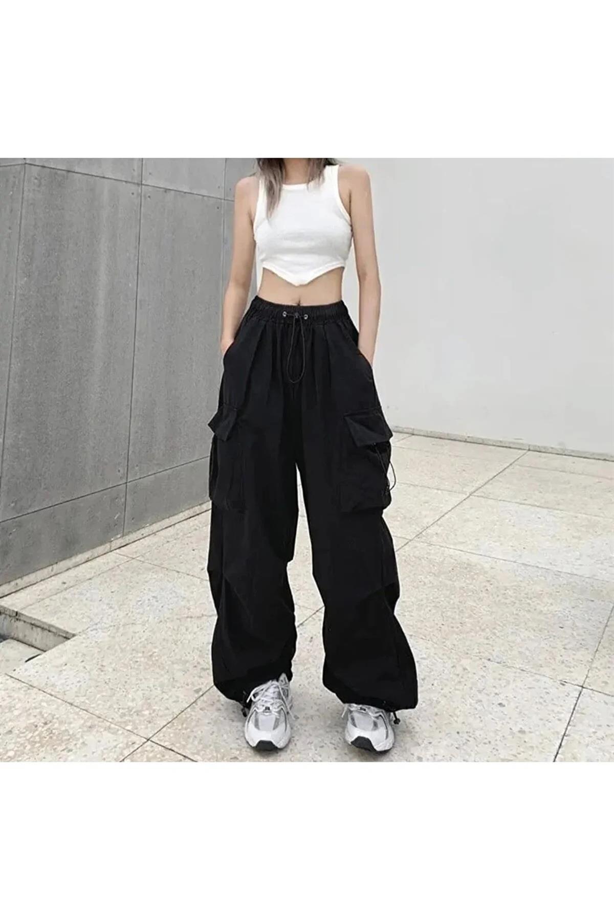 Siyah Renkli Tactical Kargo Cepli Lastikli Bol Kalıp Baggy Oversize Pantolon 