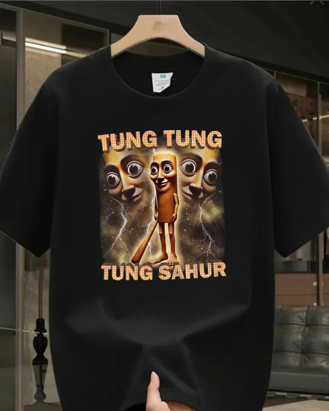 Siyah Tung Tung Tung Sahur Baskılı Yıkamalı Vintage Unisex Oversize T-Shirt