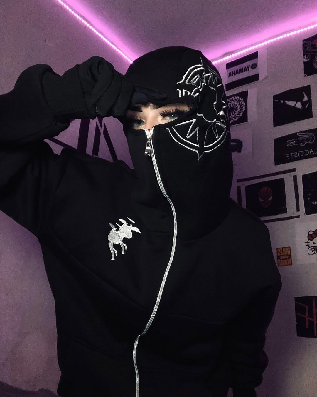 Siyah Unisex Kar Maskeli Samuray Baskılı Oversize Hırka