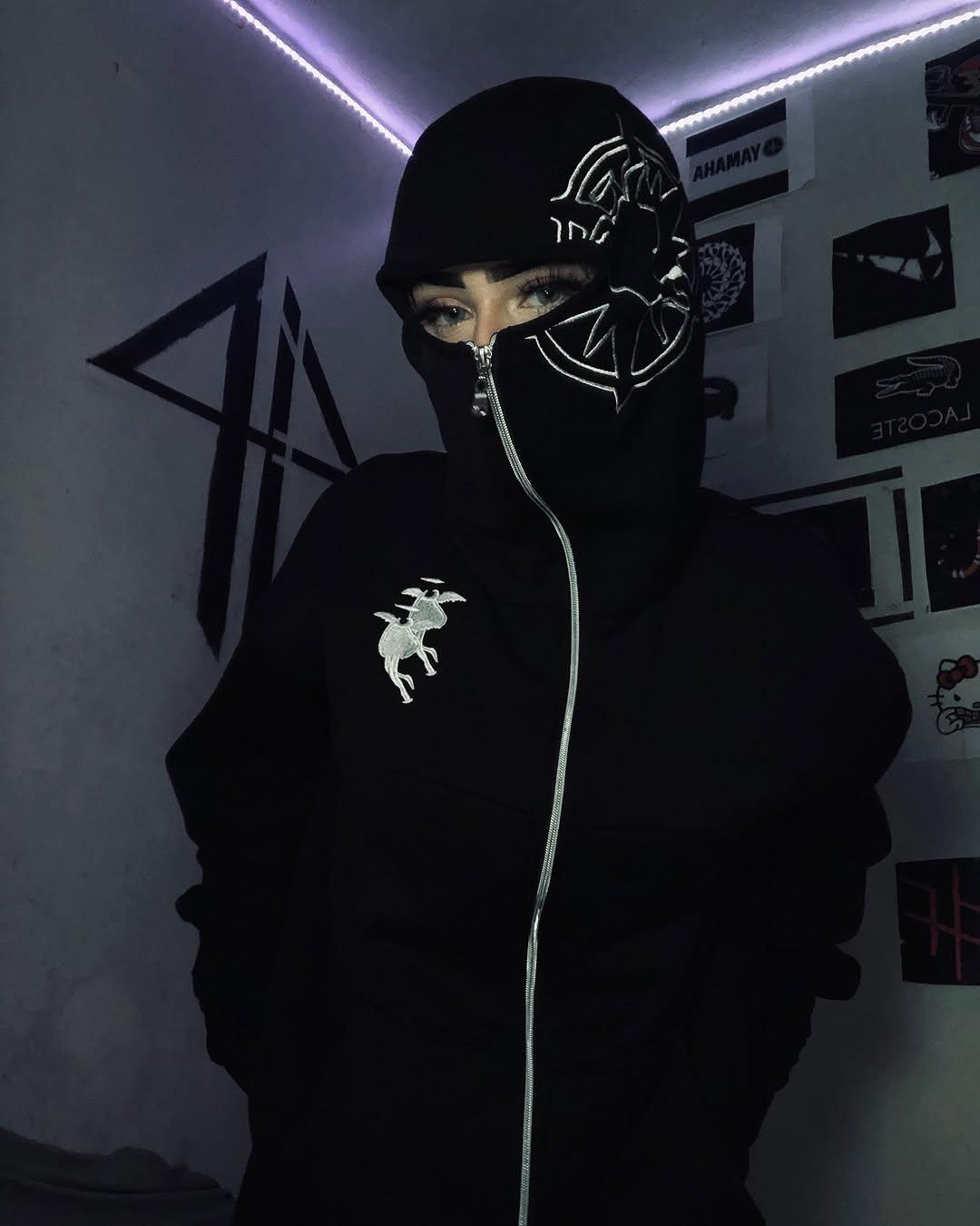 Siyah Unisex Kar Maskeli Samuray Baskılı Oversize Hırka