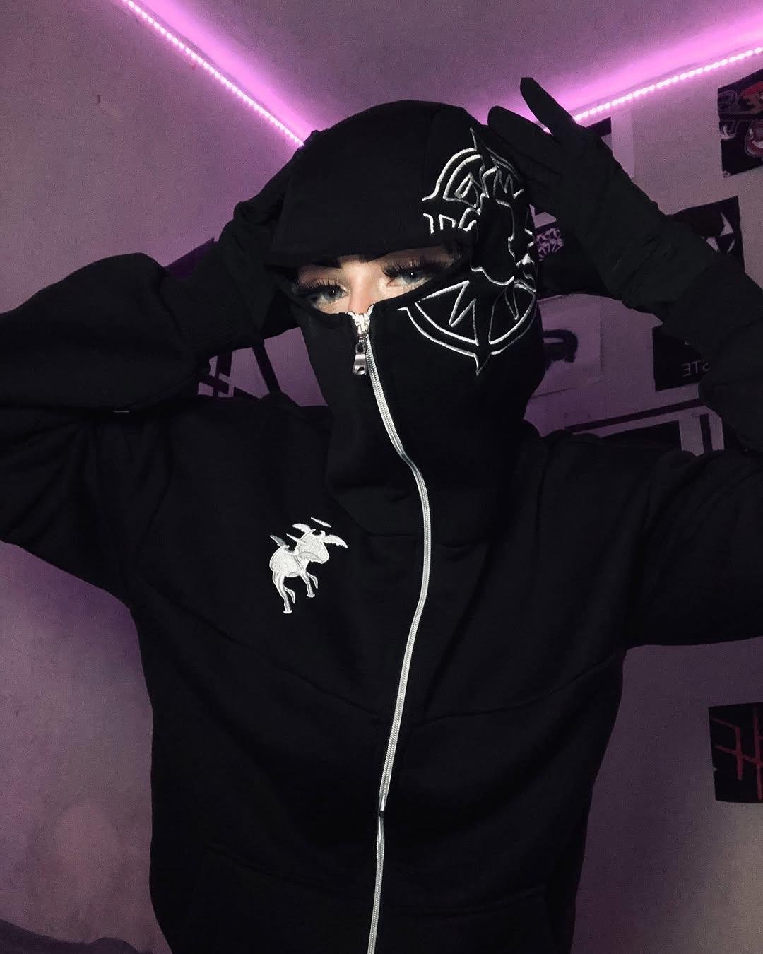 Siyah Unisex Kar Maskeli Samuray Baskılı Oversize Hırka