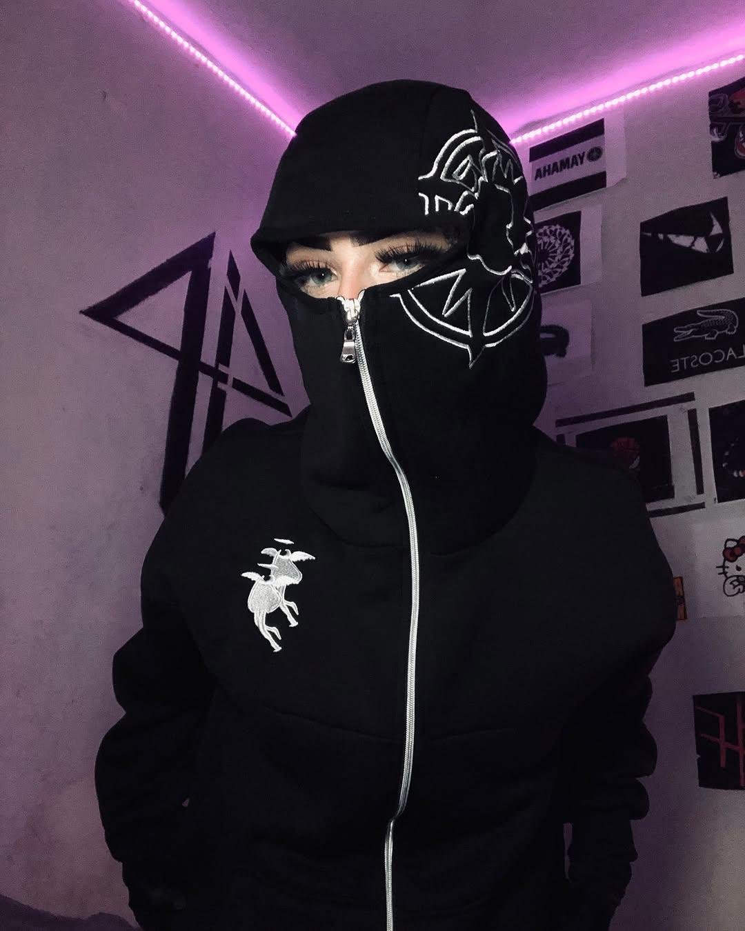 Siyah Unisex Kar Maskeli Samuray Baskılı Oversize Hırka