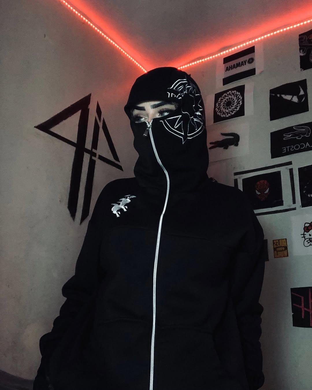 Siyah Unisex Kar Maskeli Samuray Baskılı Oversize Hırka