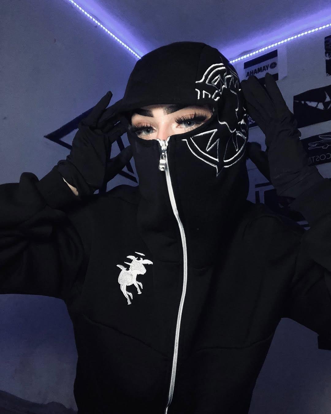 Siyah Unisex Kar Maskeli Samuray Baskılı Oversize Hırka