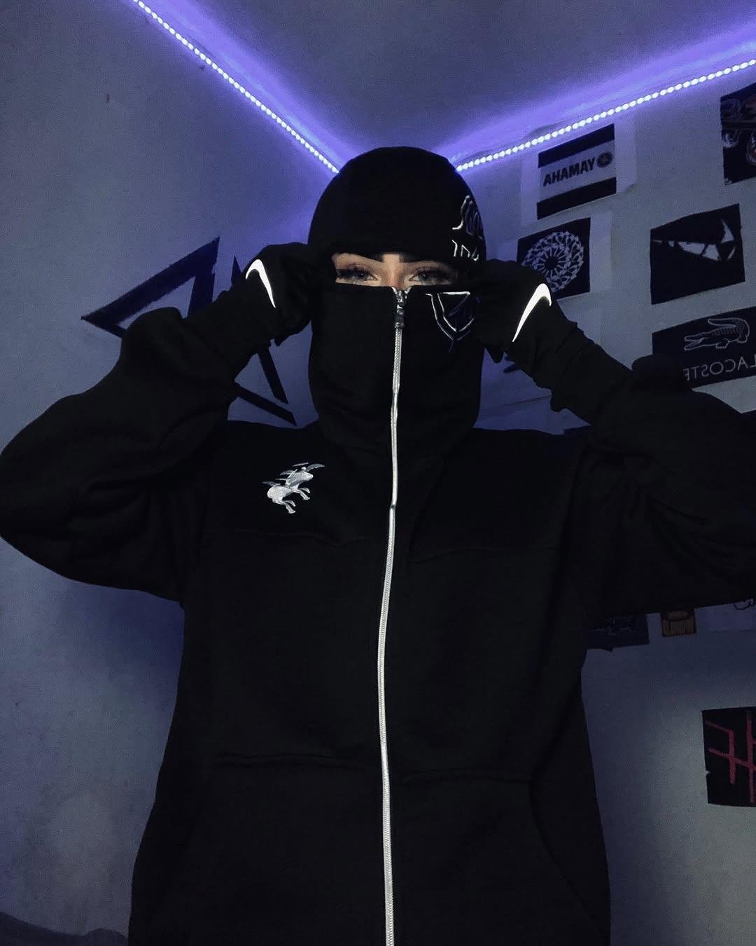 Siyah Unisex Kar Maskeli Samuray Baskılı Oversize Hırka