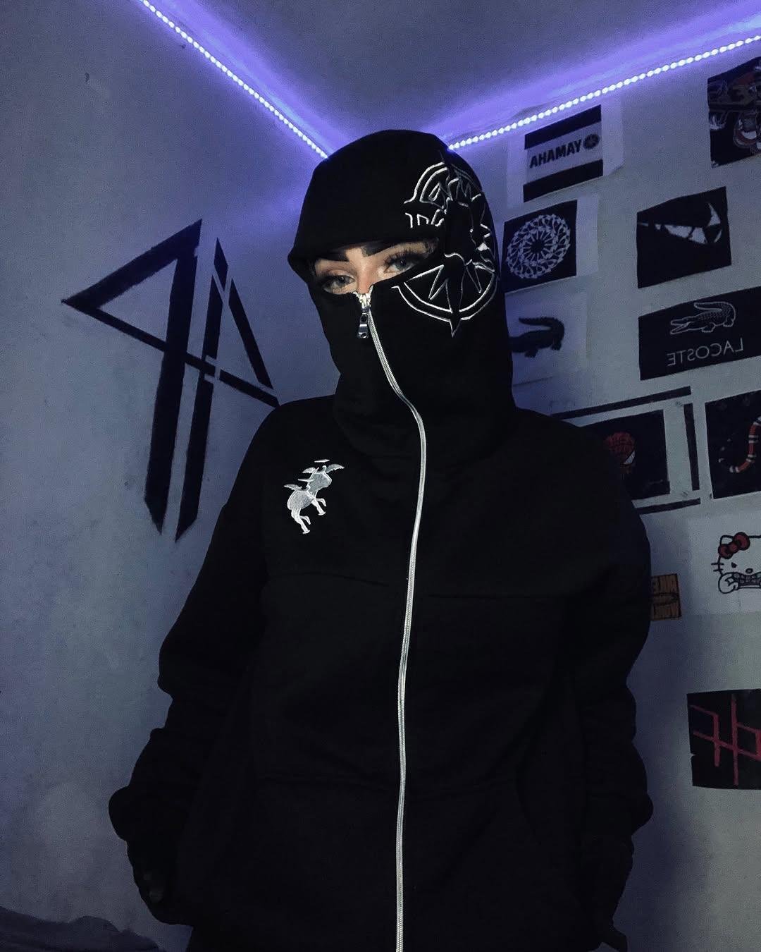 Siyah Unisex Kar Maskeli Samuray Baskılı Oversize Hırka