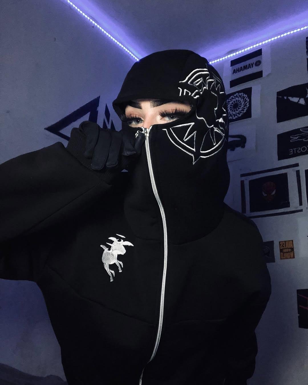 Siyah Unisex Kar Maskeli Samuray Baskılı Oversize Hırka