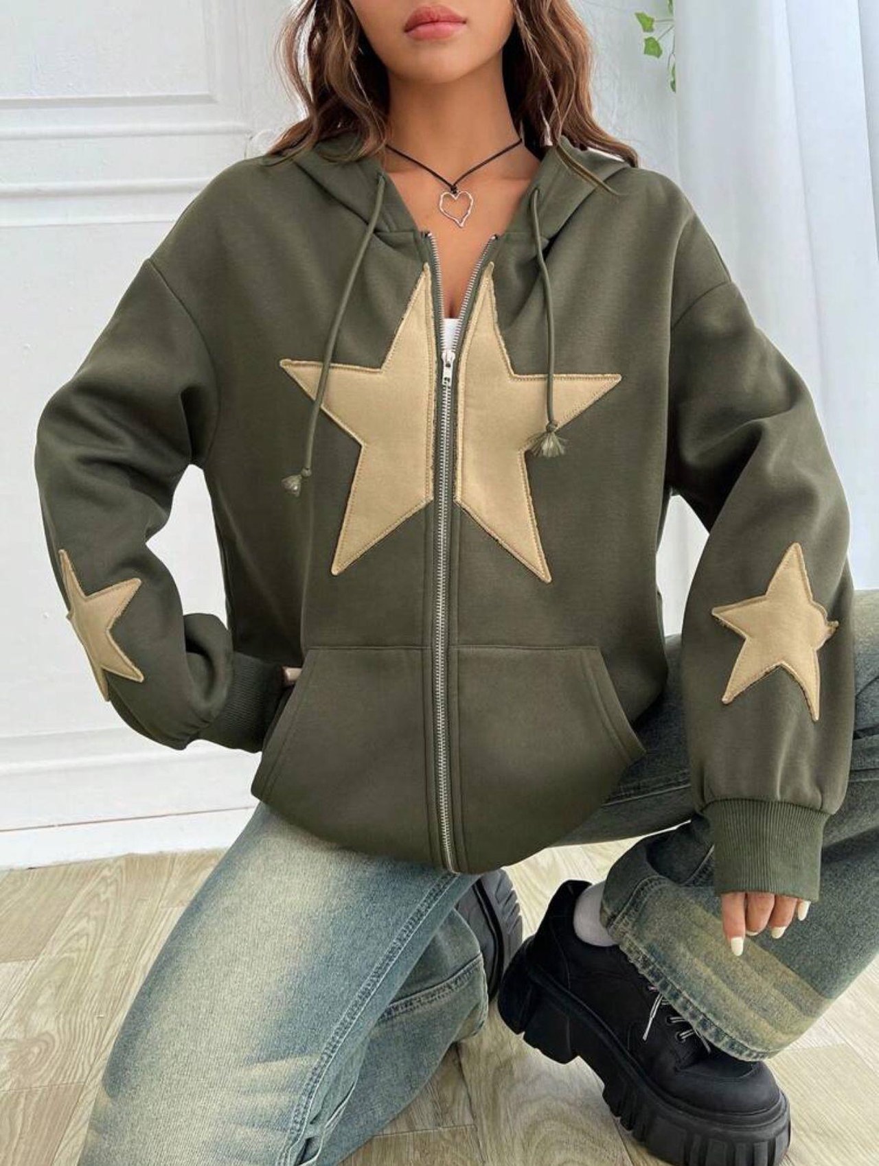 Star Detail Şardonlu Oversize Unisex Hırka