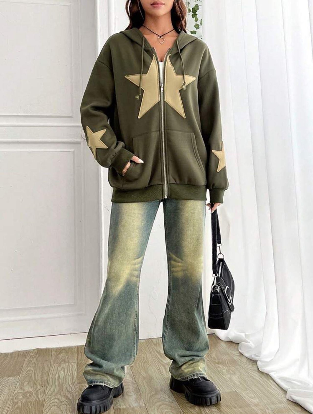 Star Detail Şardonlu Oversize Unisex Hırka