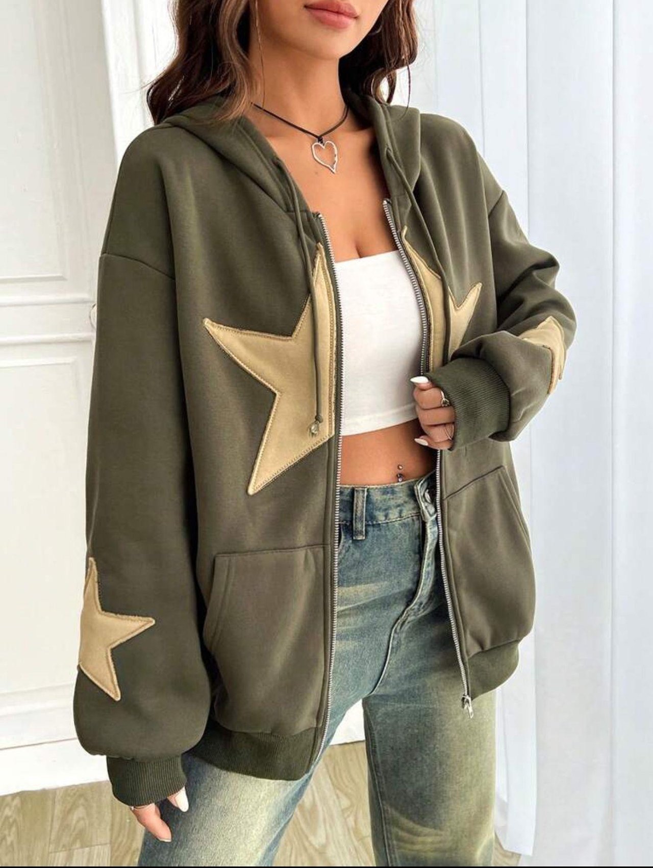 Star Detail Şardonlu Oversize Unisex Hırka