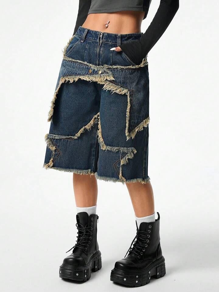 Stars Patch Detaylı Kot Pantolon Kadın Şort 