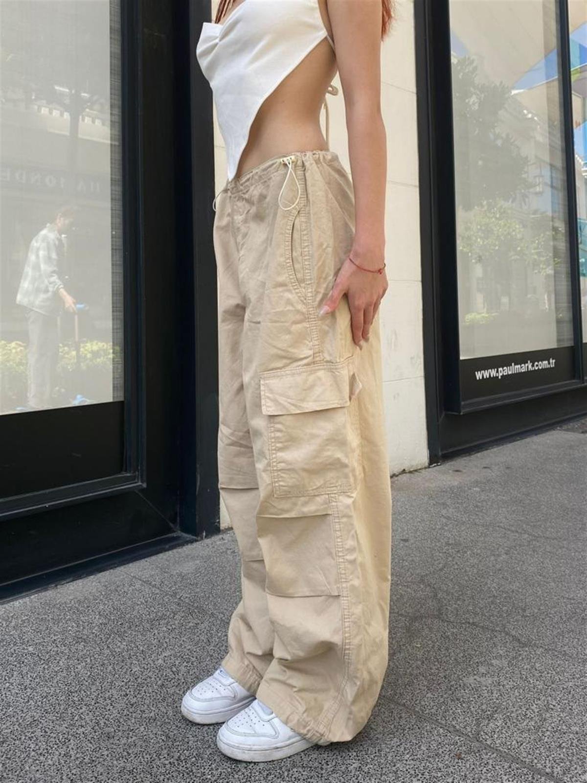 Streetwear Baggy Kargo Cepli Beli Lastikli Krem Renk Unisex Salaş Pantolon