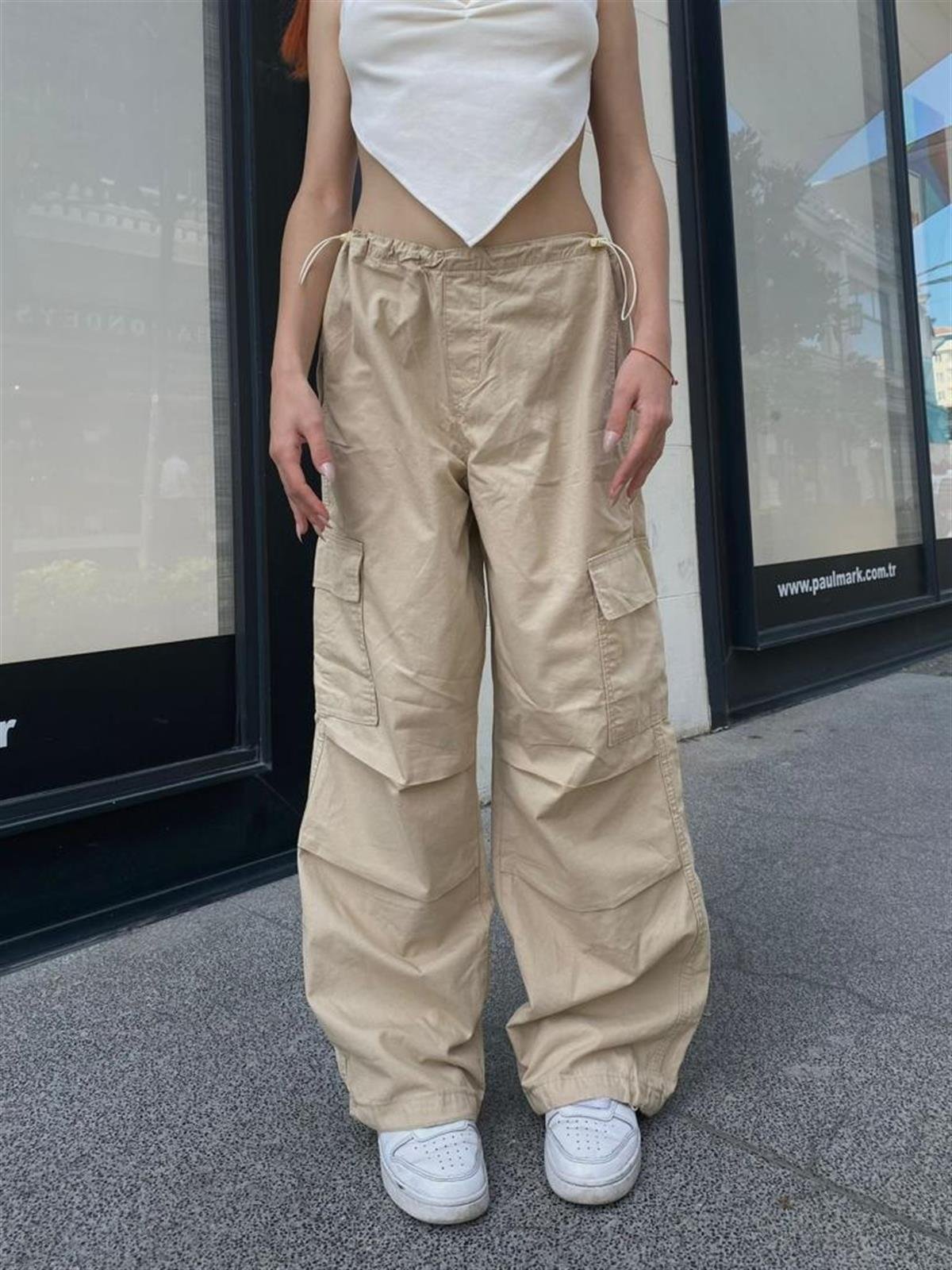 Streetwear Baggy Kargo Cepli Beli Lastikli Krem Renk Unisex Salaş Pantolon