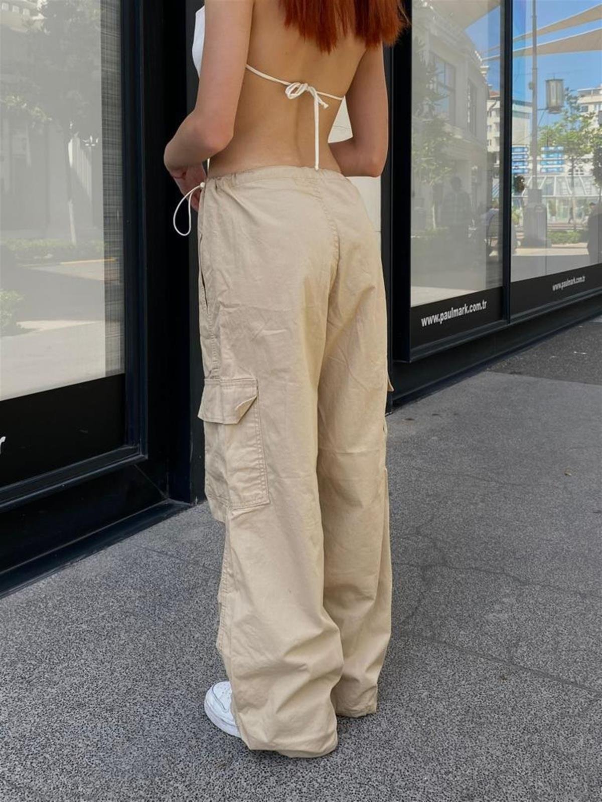 Streetwear Baggy Kargo Cepli Beli Lastikli Krem Renk Unisex Salaş Pantolon