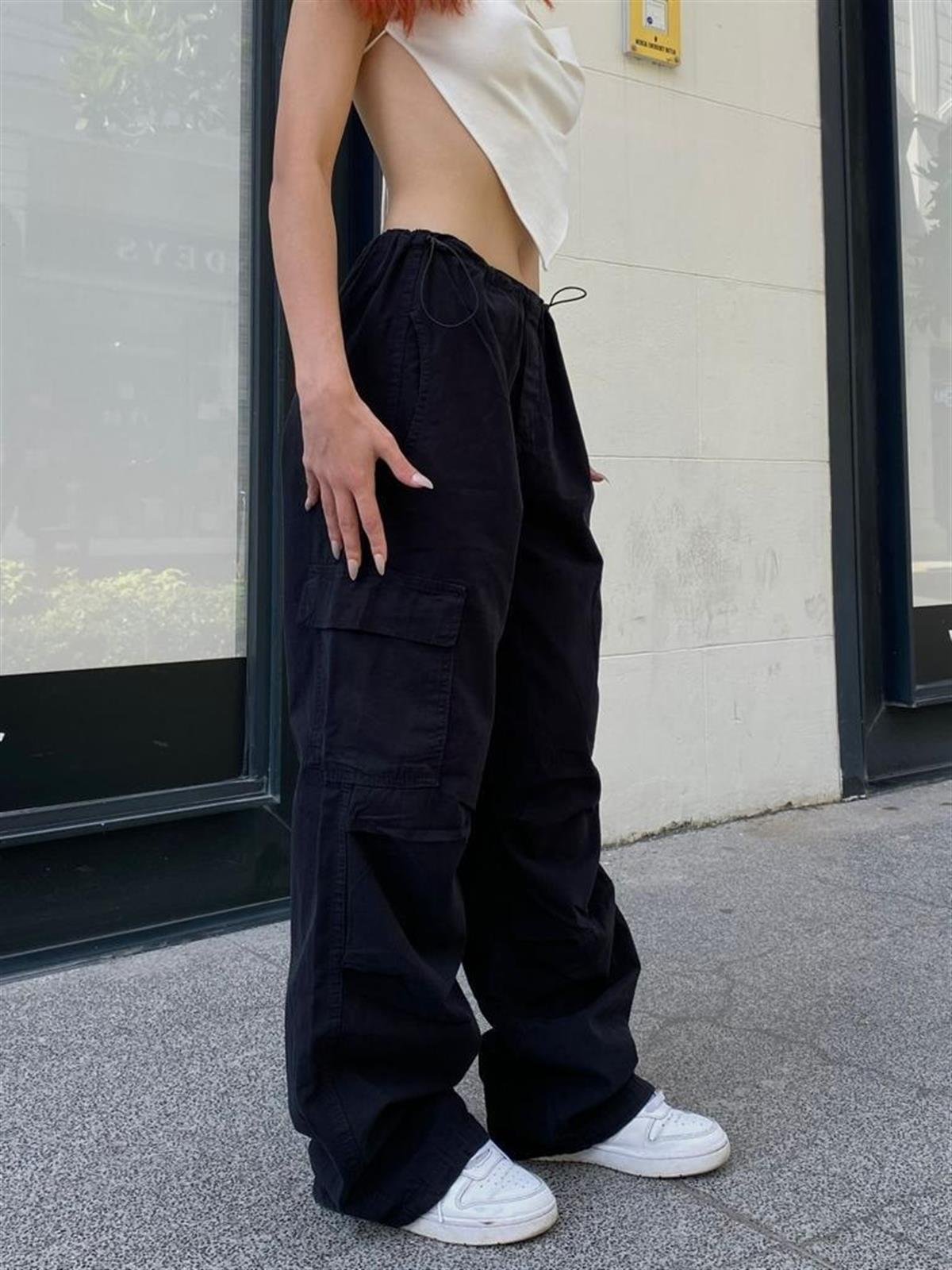 Streetwear Baggy Kargo Cepli Beli Lastikli Krem Renk Unisex Salaş Pantolon