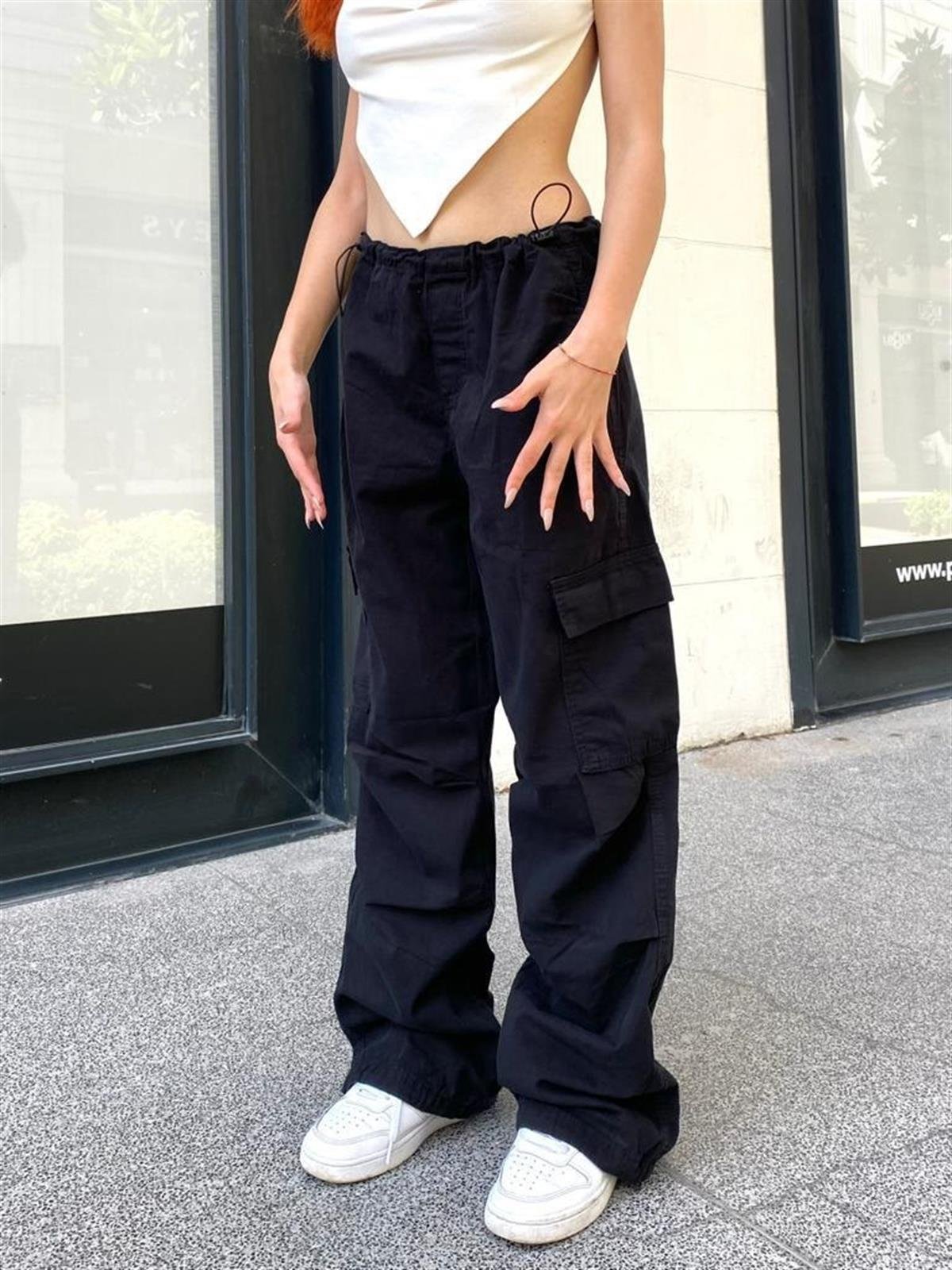 Streetwear Baggy Kargo Cepli Beli Lastikli Krem Renk Unisex Salaş Pantolon