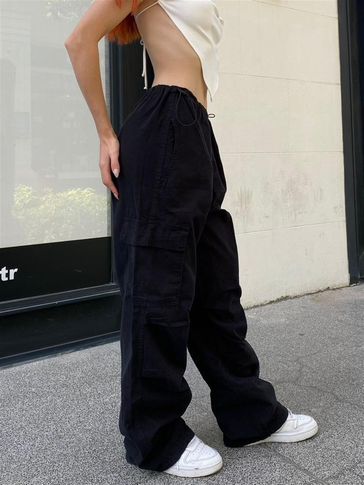Streetwear Baggy Kargo Cepli Beli Lastikli Krem Renk Unisex Salaş Pantolon