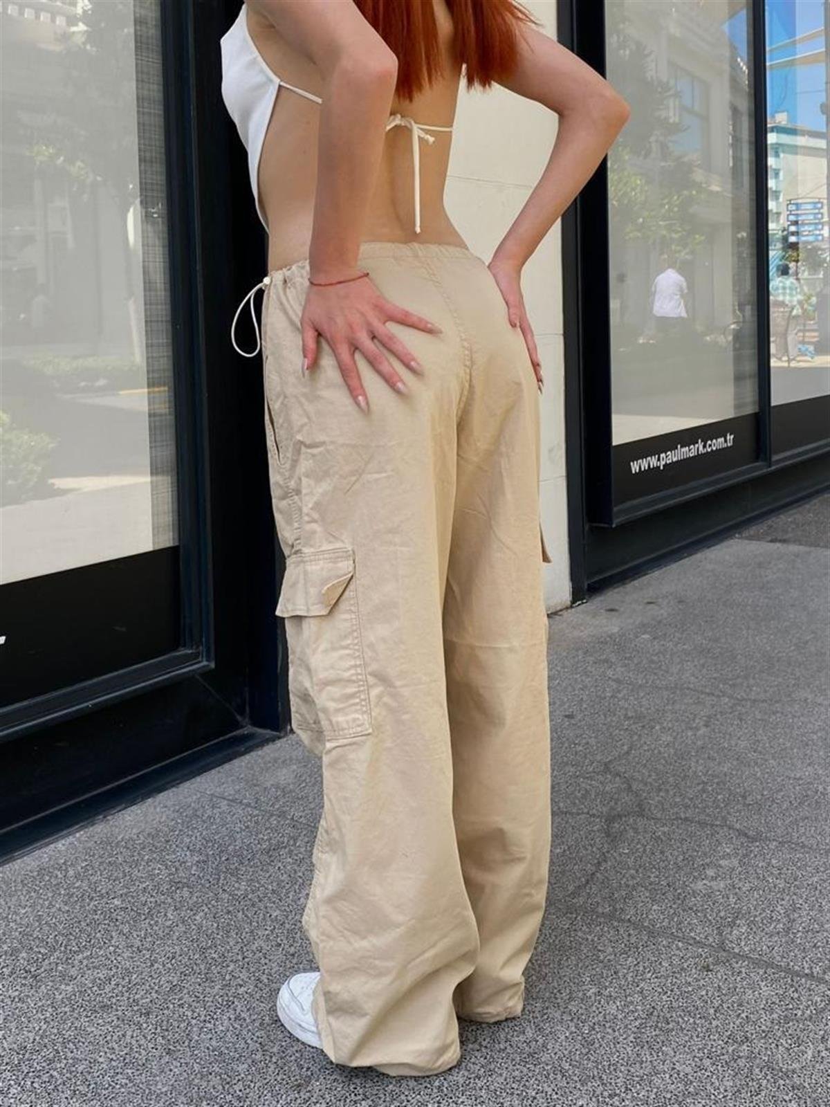 Streetwear Baggy Kargo Cepli Beli Lastikli Krem Renk Unisex Salaş Pantolon