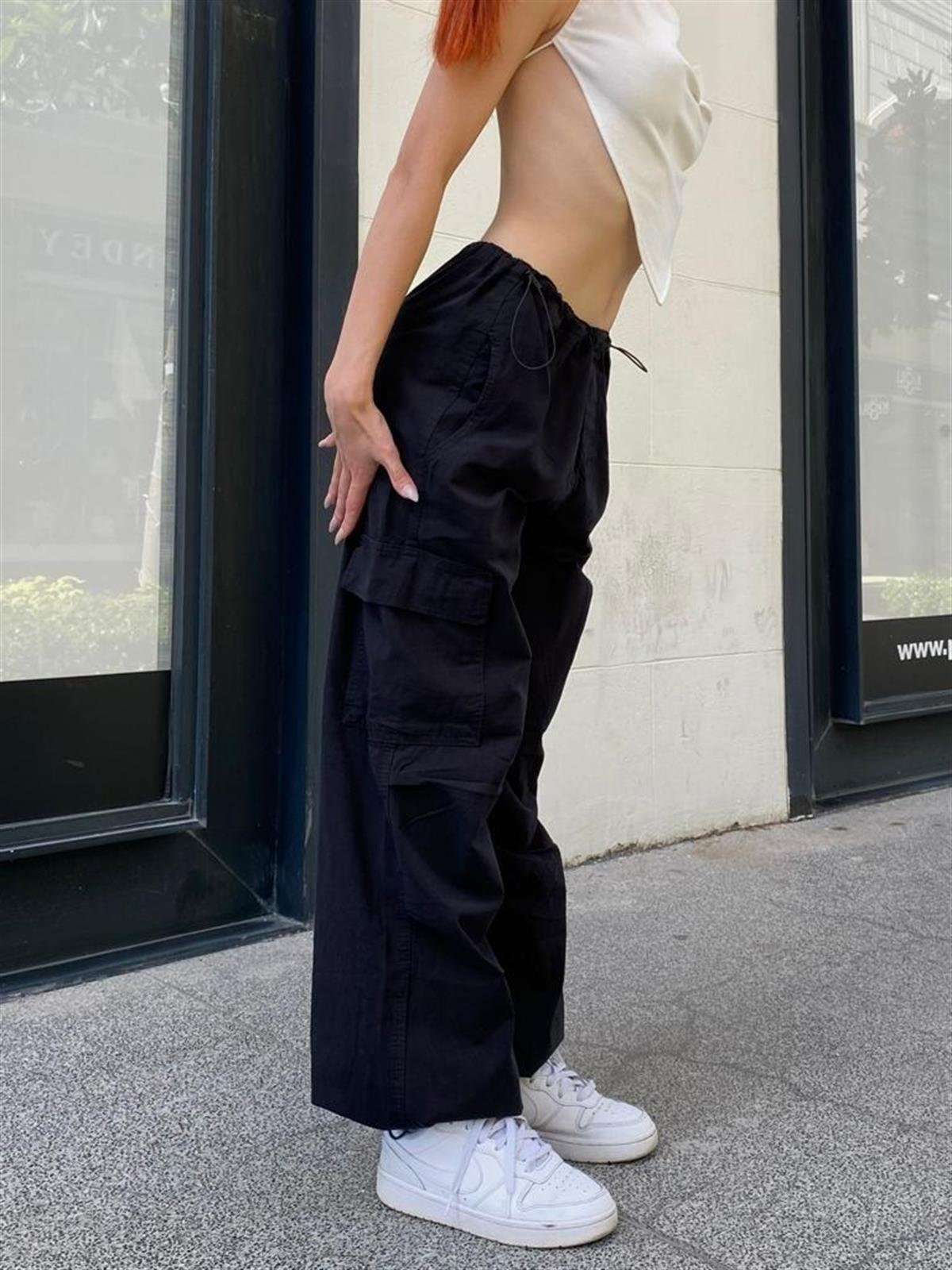 Streetwear Baggy Kargo Cepli Beli Lastikli Krem Renk Unisex Salaş Pantolon