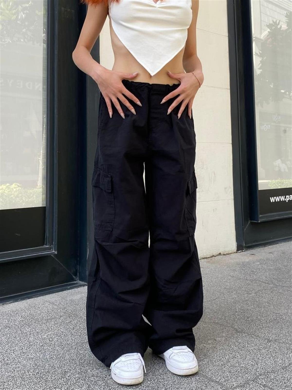 Streetwear Baggy Kargo Cepli Beli Lastikli Krem Renk Unisex Salaş Pantolon
