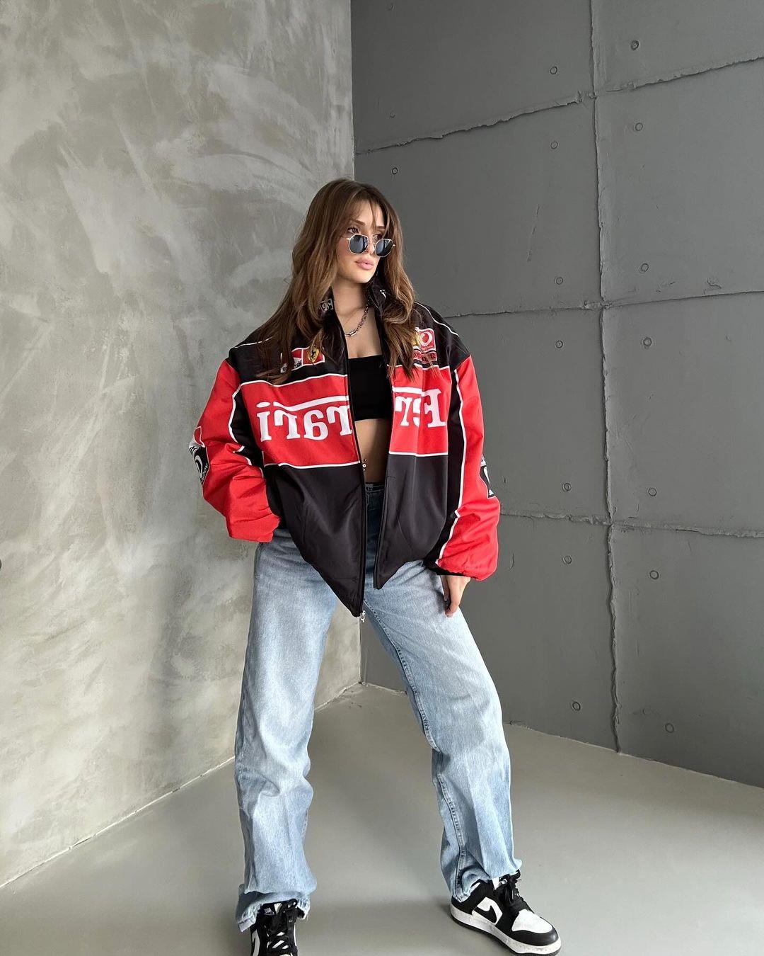 Unisex Oversize Ferrari Baskılı Yarışçı Bomber Ceket