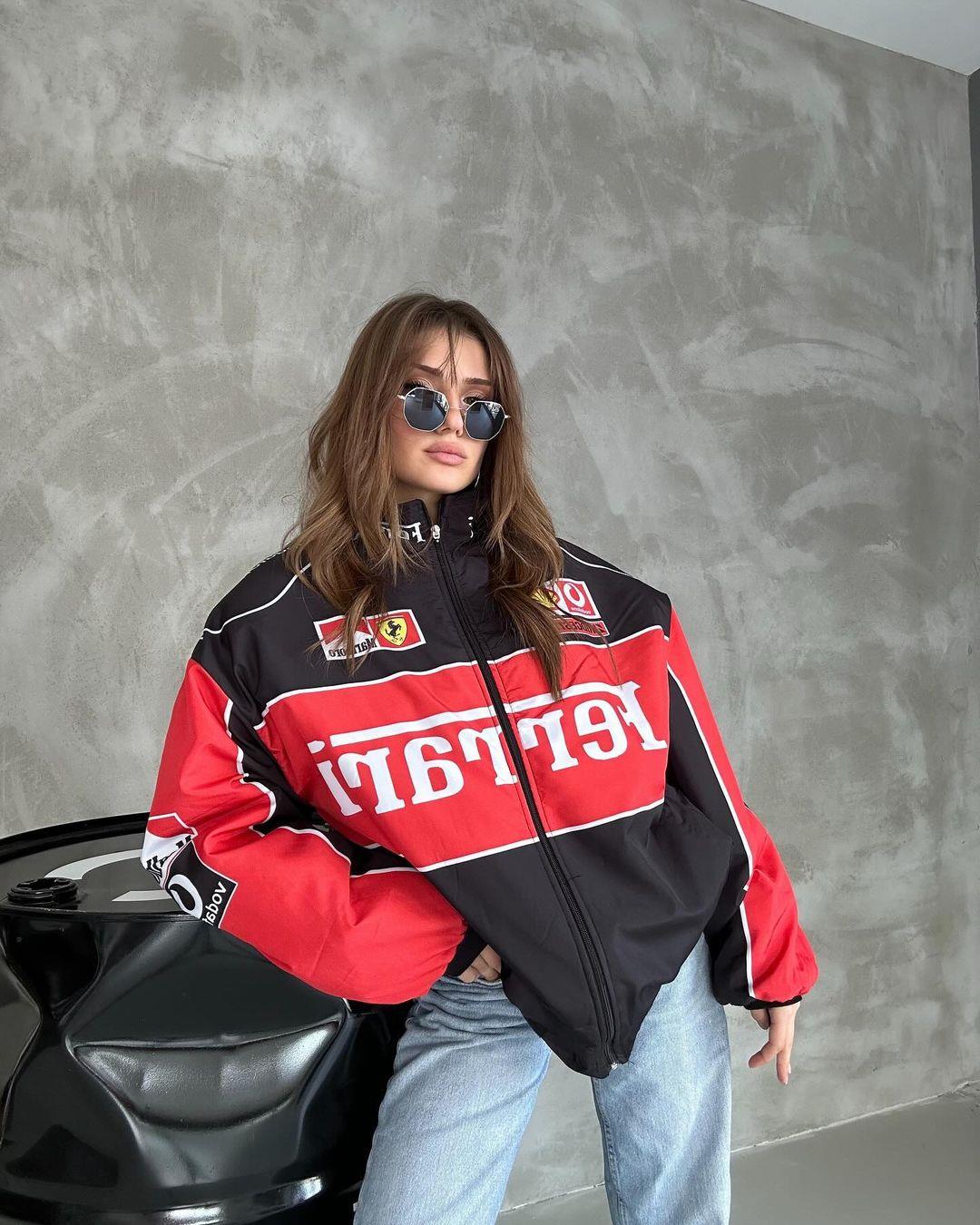 Unisex Oversize Ferrari Baskılı Yarışçı Bomber Ceket