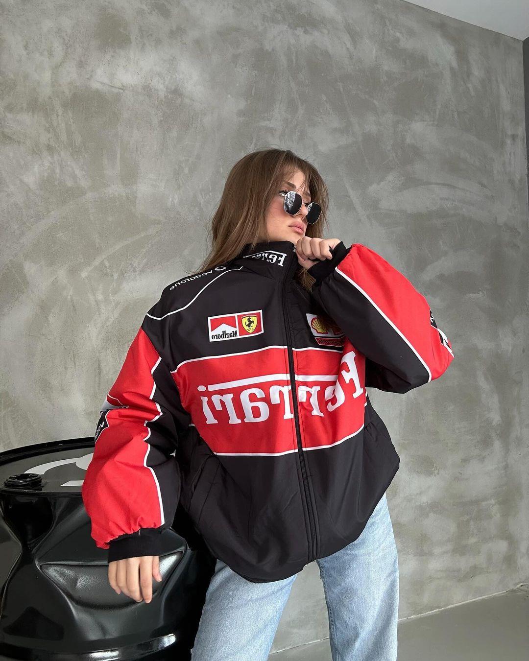 Unisex Oversize Ferrari Baskılı Yarışçı Bomber Ceket