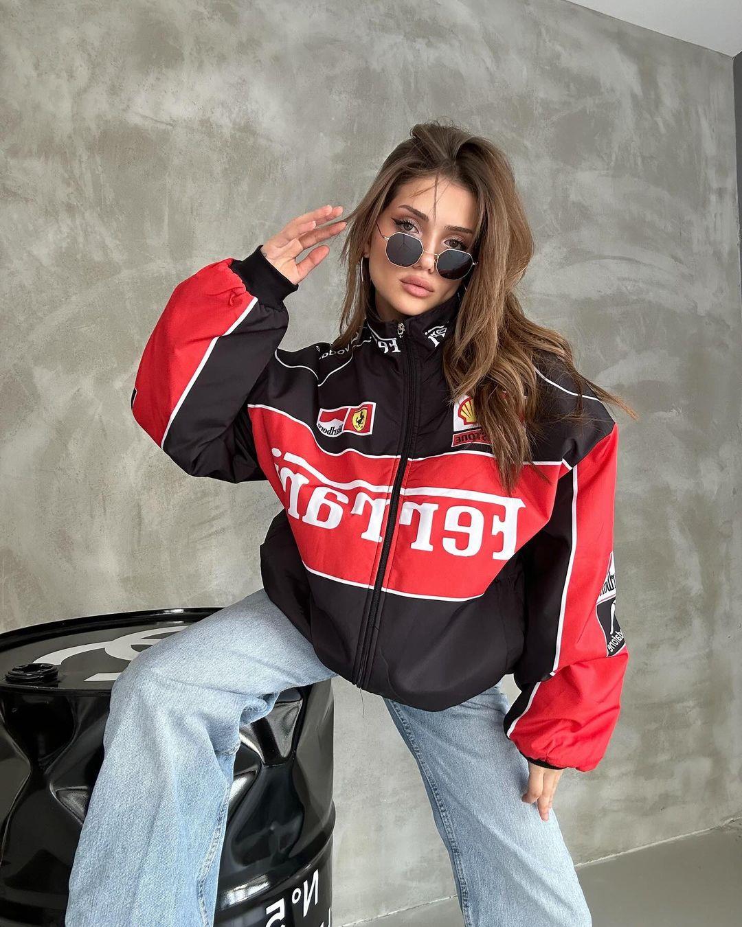 Unisex Oversize Ferrari Baskılı Yarışçı Bomber Ceket