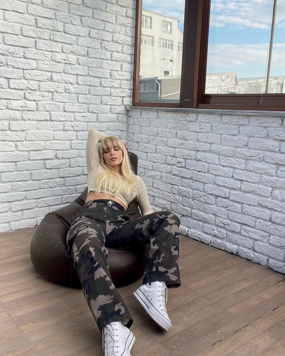 Unisex Salaş Kalıp Oversize Yeşil Kamuflaj Kargo Pantolon