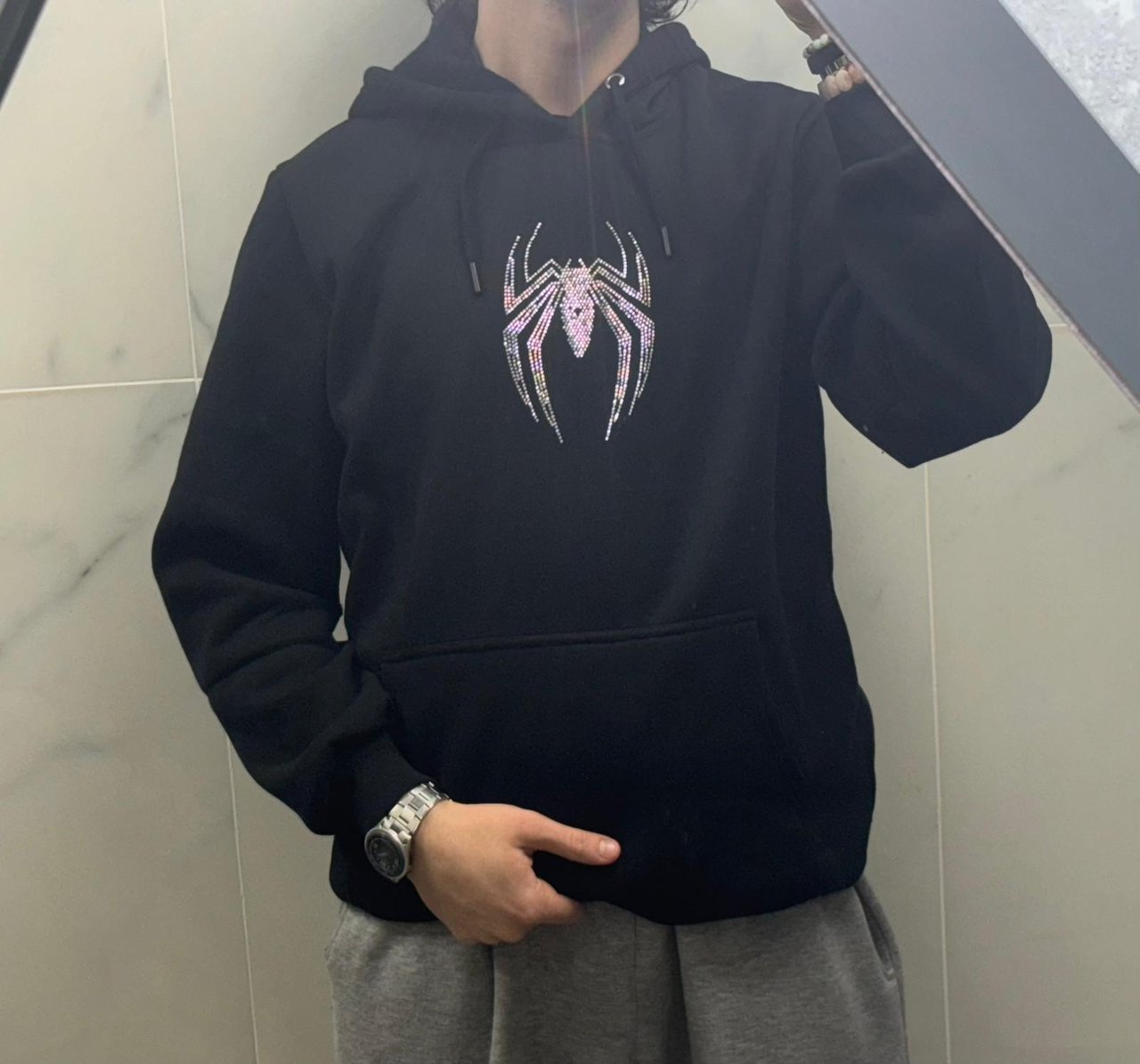 Unisex Spiderman Taş Baskılı Sweatshirt Siyah