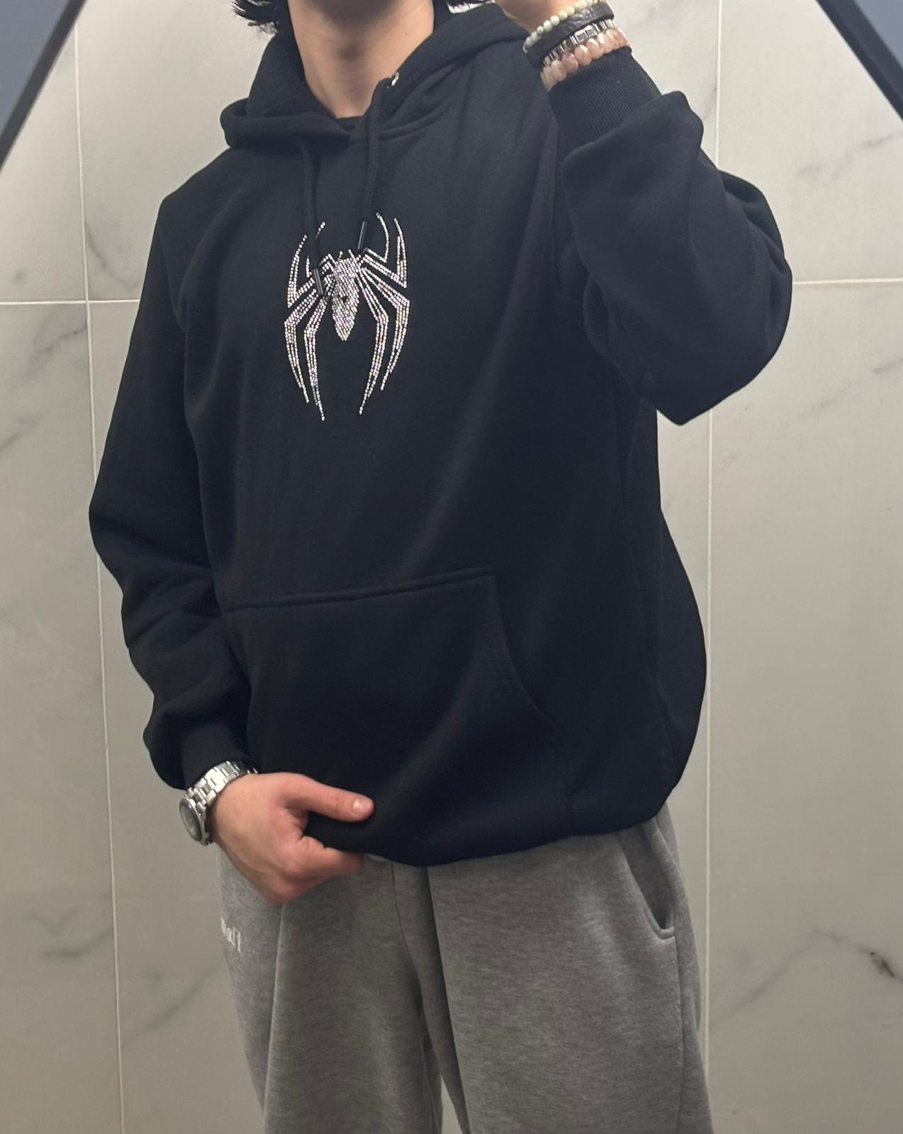 Unisex Spiderman Taş Baskılı Sweatshirt Siyah