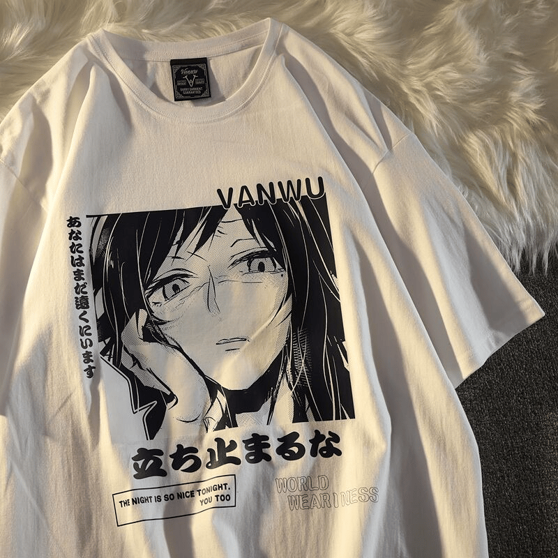 Vanwu Anime Detaylı Oversize Unisex Beyaz T-shirt
