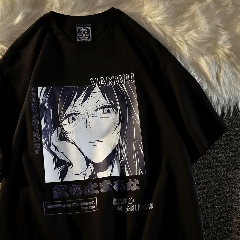 Vanwu Anime Detaylı Oversize Unisex Siyah T-shirt