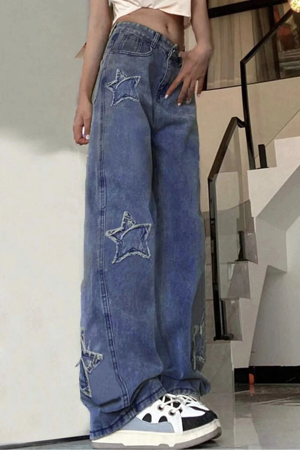 Y2k Mavi Y2k Stars Patch Detay Jeans 
