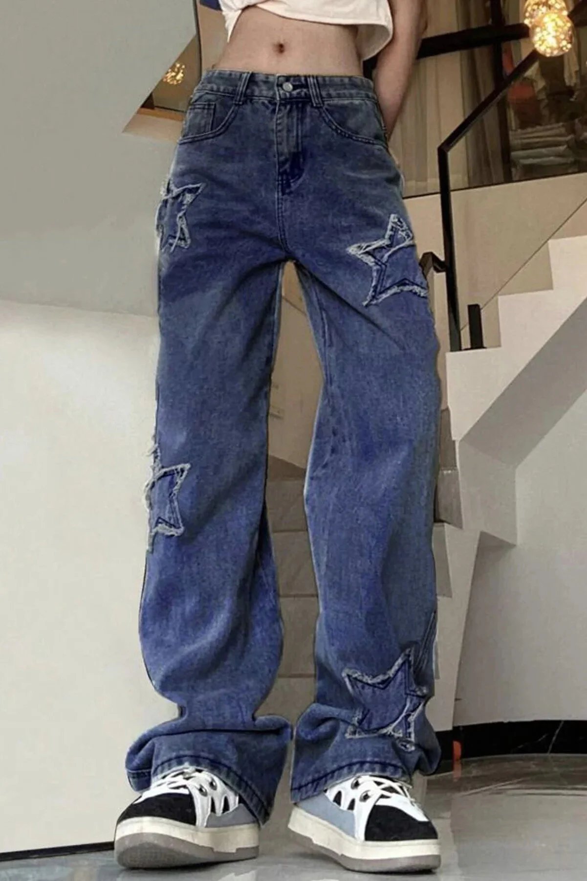 Y2k Mavi Y2k Stars Patch Detay Jeans 