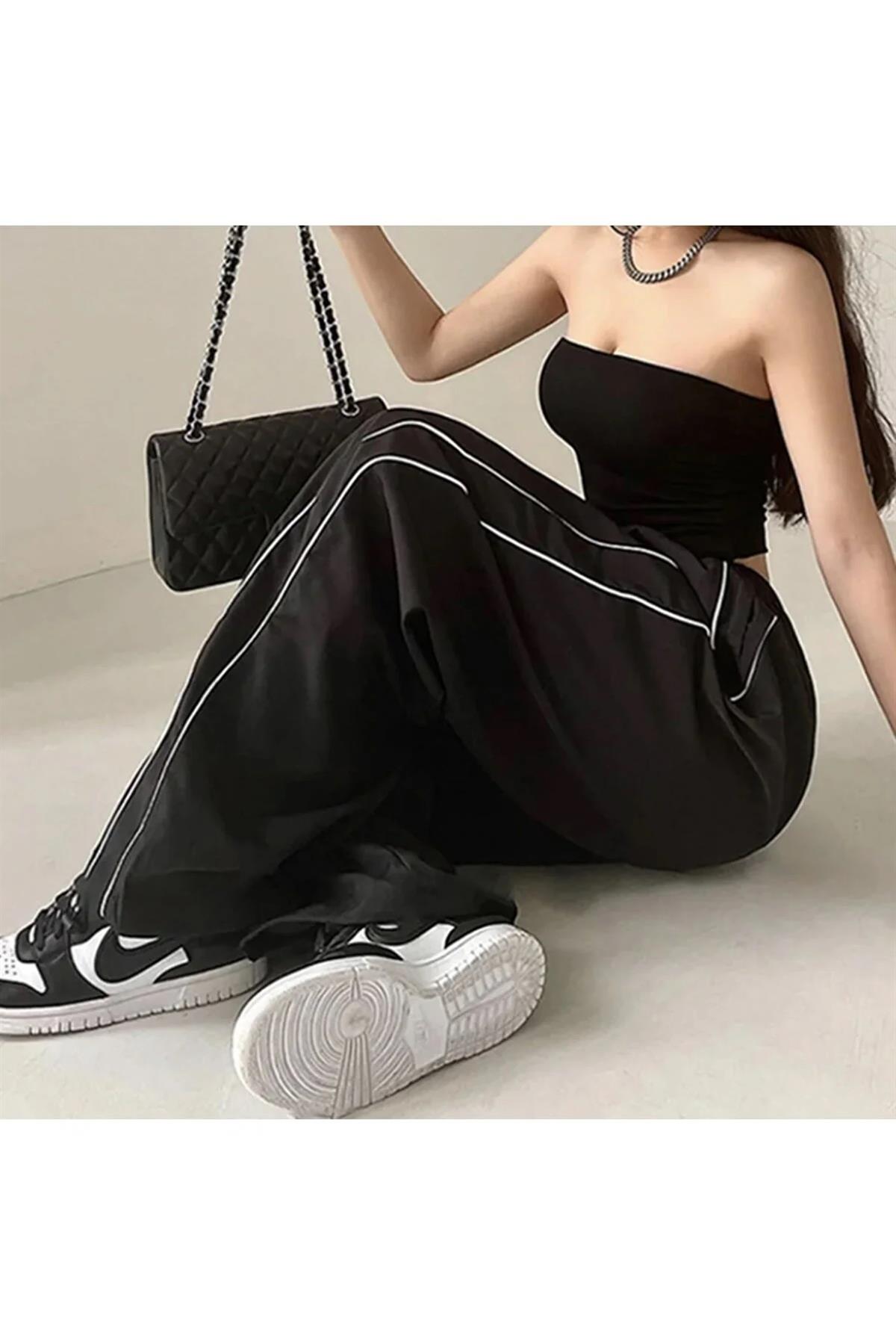 Y2k Paraşüt Siyah Renkli Unisex Çizgili Eşofman Altı Pantolon