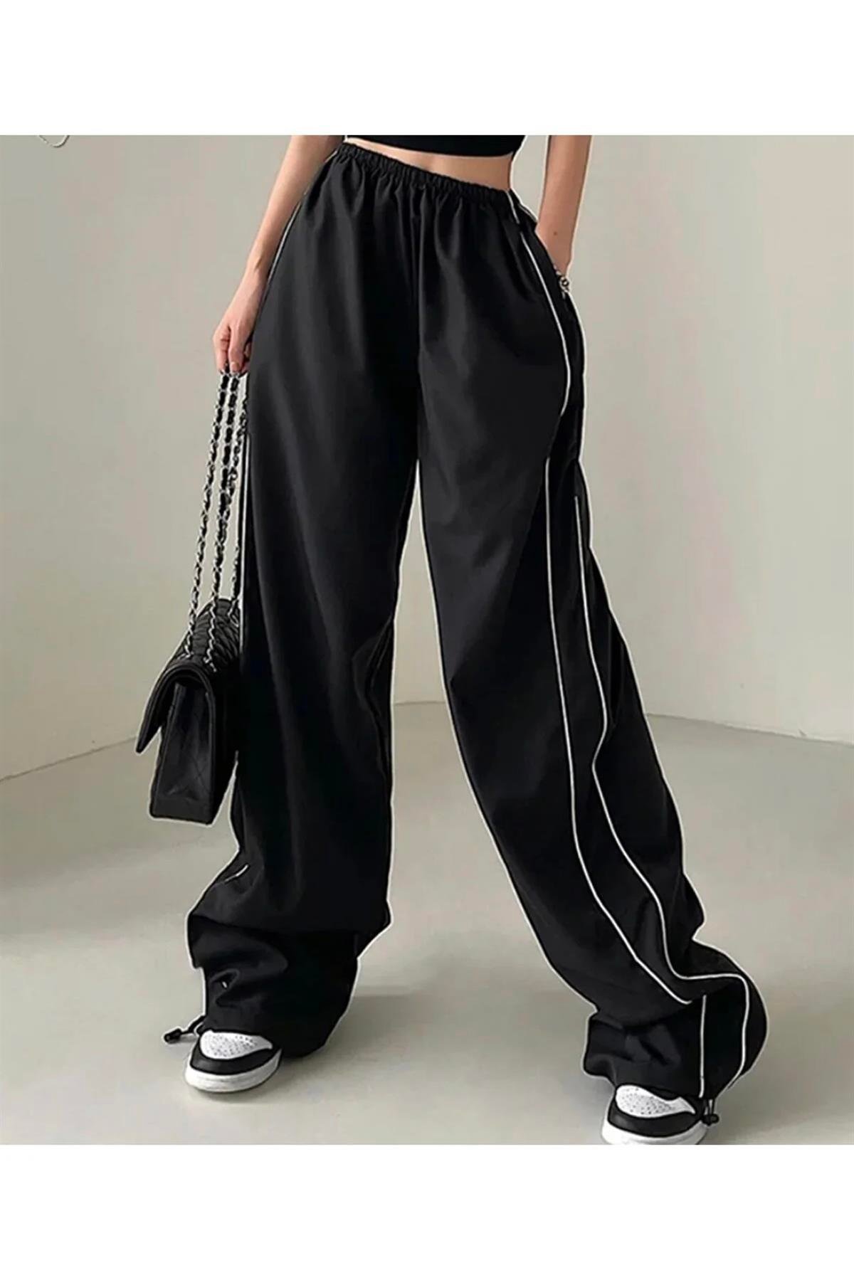 Y2k Paraşüt Siyah Renkli Unisex Çizgili Eşofman Altı Pantolon