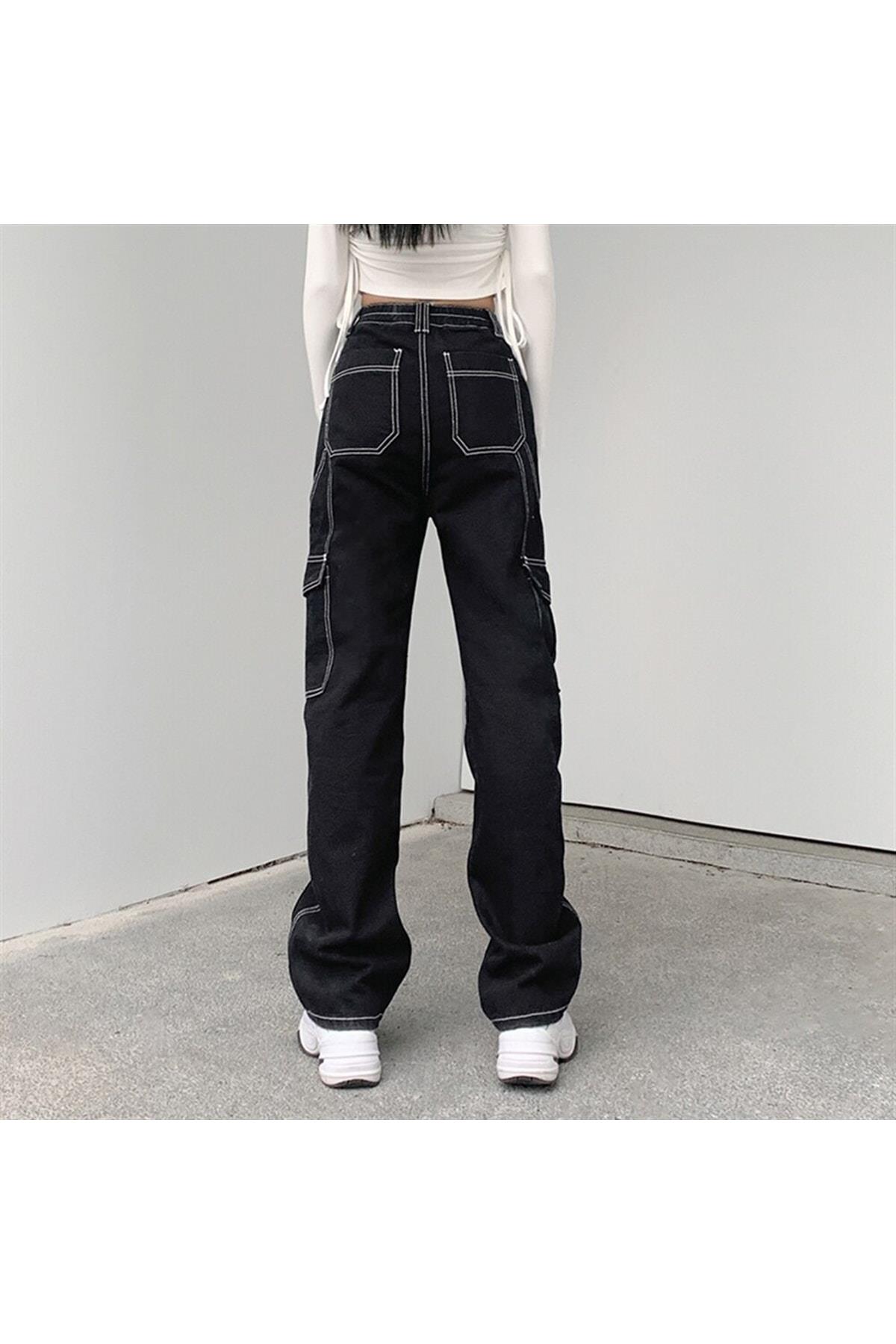 Y2K Siyah Ters Dikiş Kargo Cepli Unisex Bol Paça Pantolon