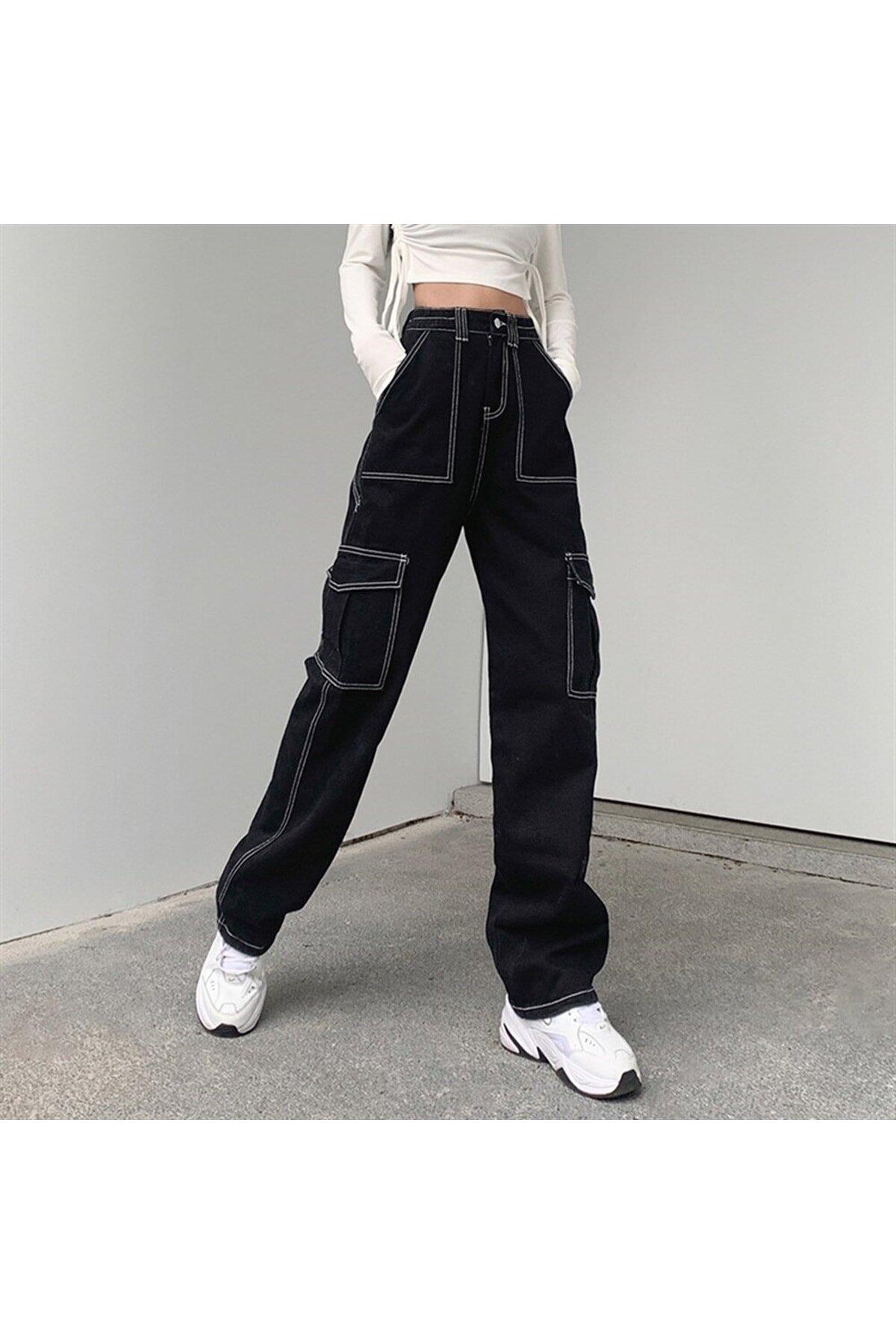 Y2K Siyah Ters Dikiş Kargo Cepli Unisex Bol Paça Pantolon