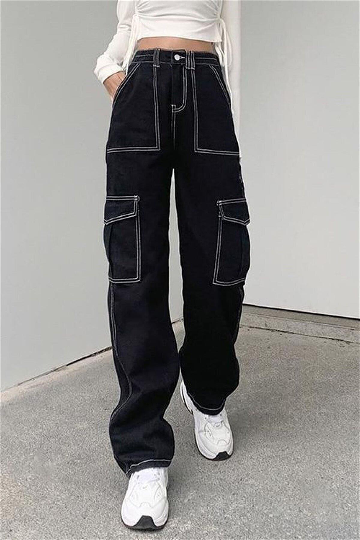 Y2K Siyah Ters Dikiş Kargo Cepli Unisex Bol Paça Pantolon