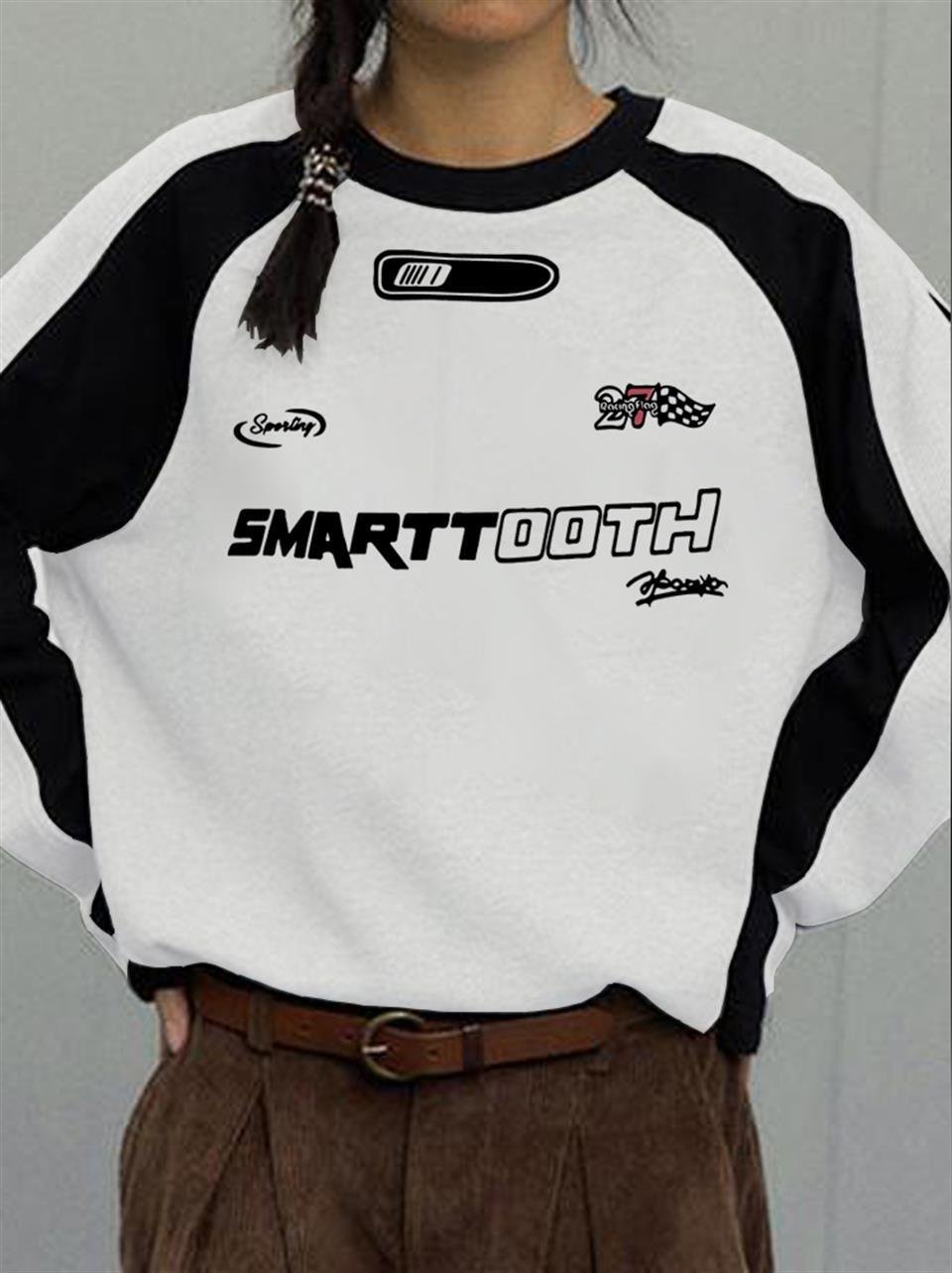 Y2K Streetwear Smarttooth Baskılı Beyaz Unisex Oversize Bisiklet Yaka Sweatshirt