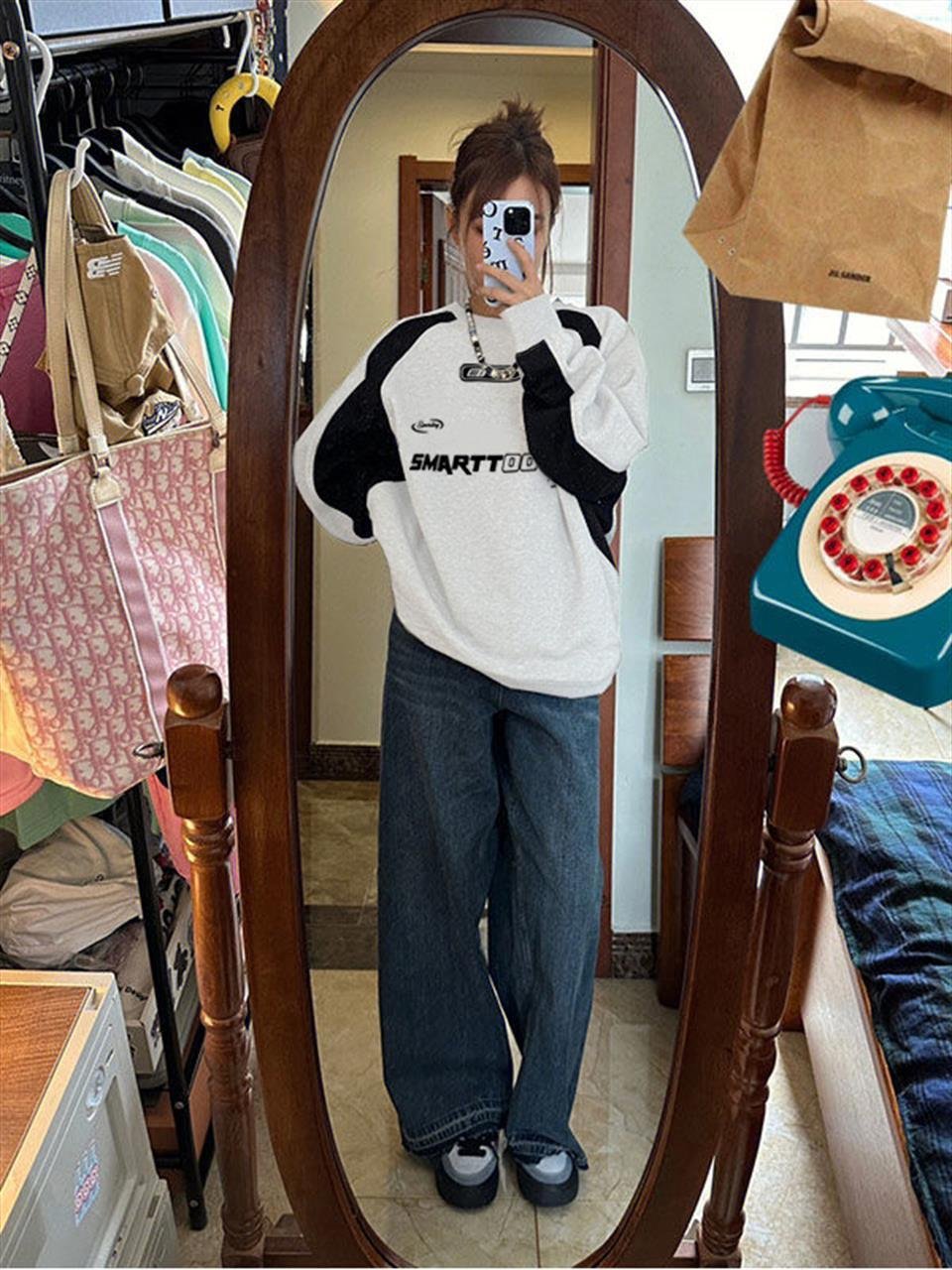 Y2K Streetwear Smarttooth Baskılı Beyaz Unisex Oversize Bisiklet Yaka Sweatshirt