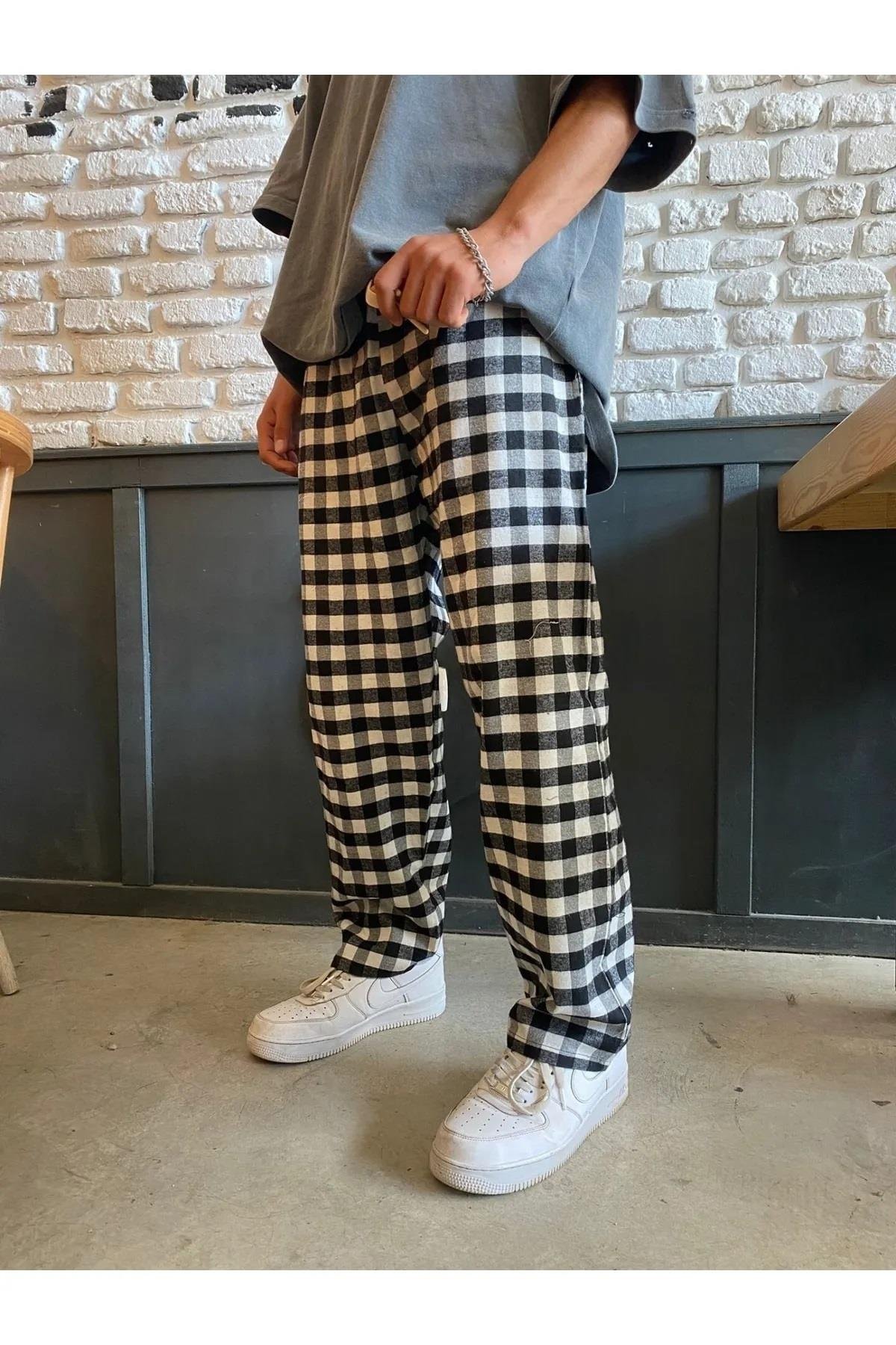 Y2K UNİSEX BELİ LASTİKLİ SİYAH BEYAZ EKOSE BOL PAÇA PANTOLON