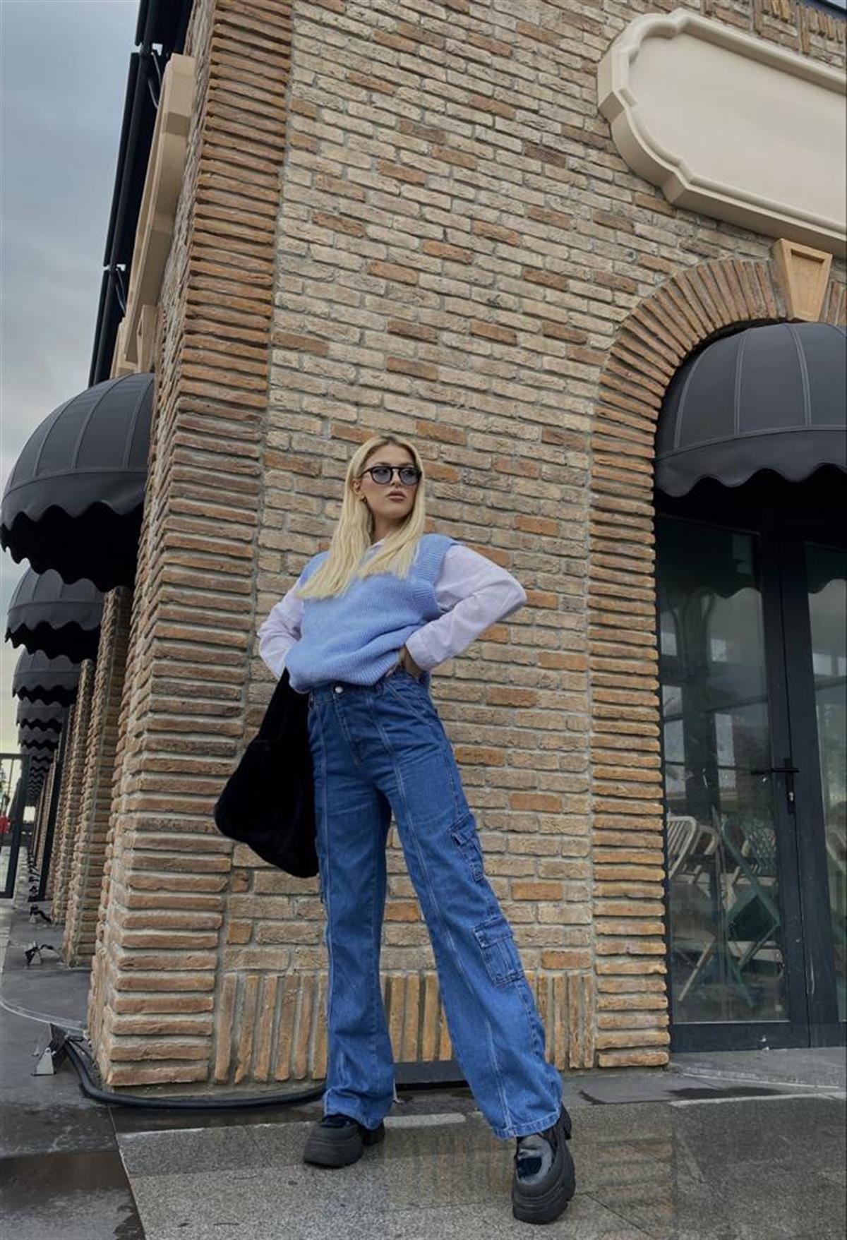 Y2k Unisex Kargo Cepli Bel Lastikli Koyu Yeşil Oversize Bol Paça Pantolon 