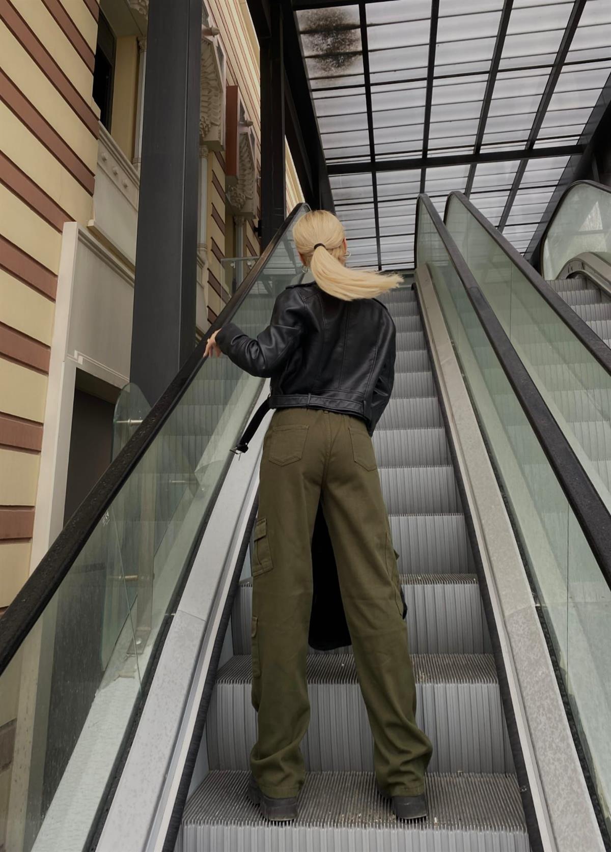 Y2k Unisex Kargo Cepli Bel Lastikli Koyu Yeşil Oversize Bol Paça Pantolon 