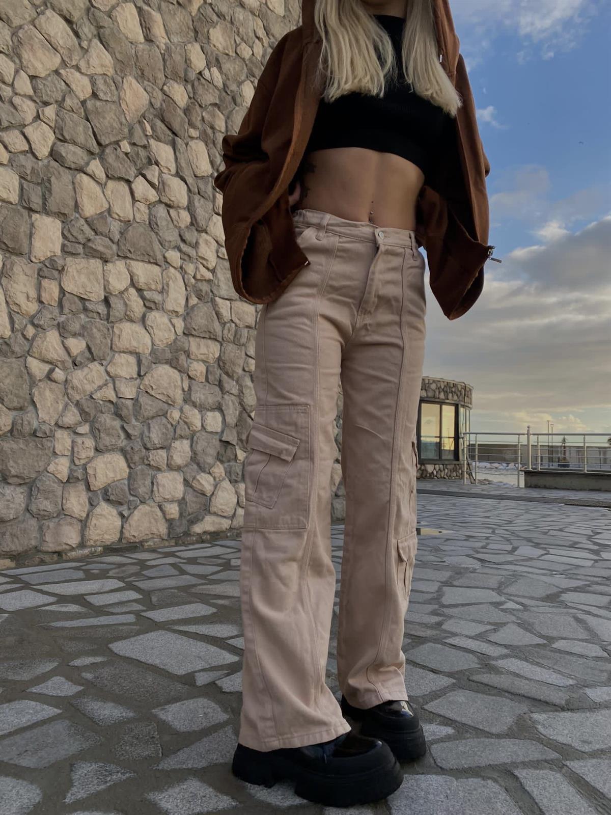 Y2k Unisex Kargo Cepli Bel Lastikli Koyu Yeşil Oversize Bol Paça Pantolon 