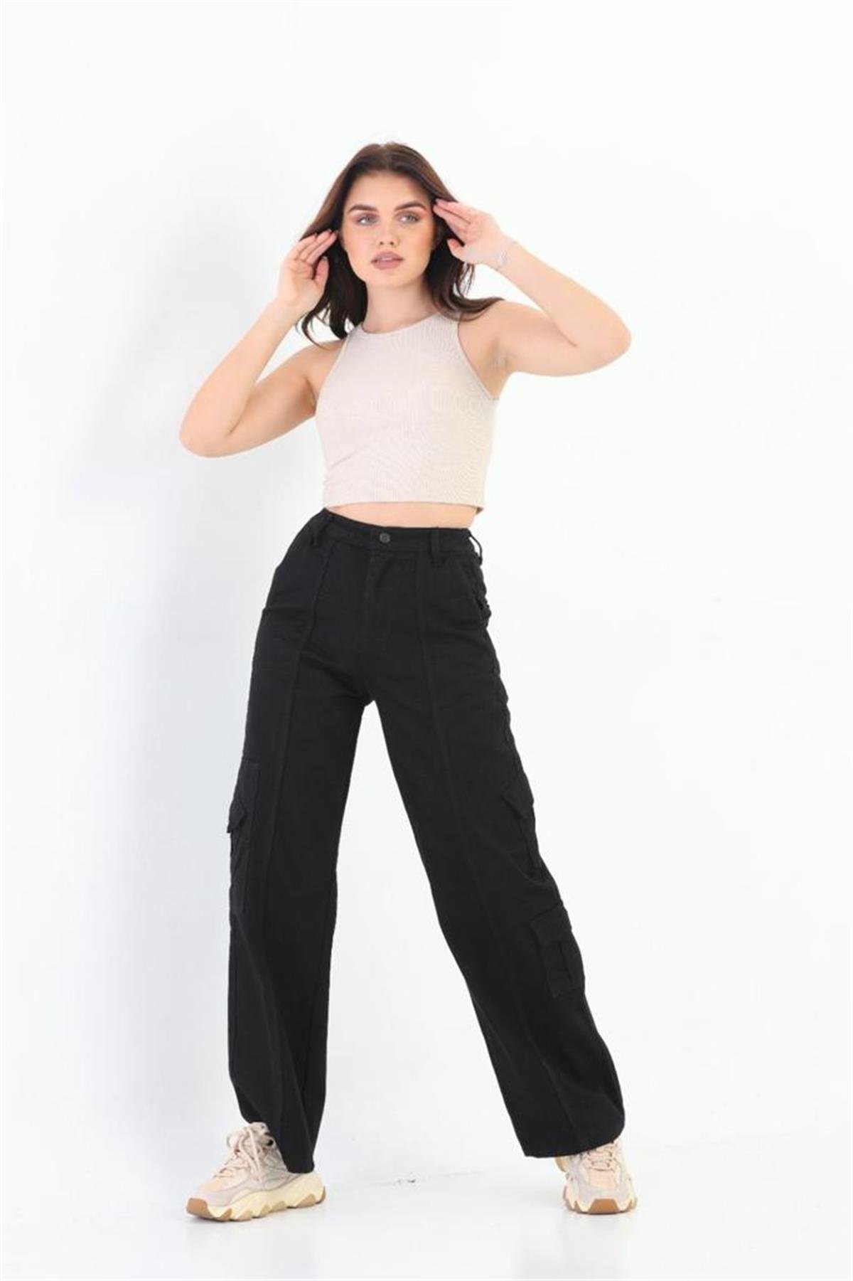 Y2k Unisex Kargo Cepli Bel Lastikli Koyu Yeşil Oversize Bol Paça Pantolon 